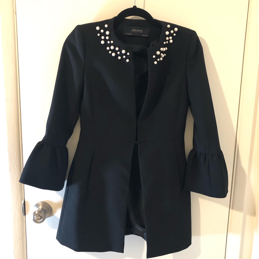 Zara basic black blazer coat pearl accents Small